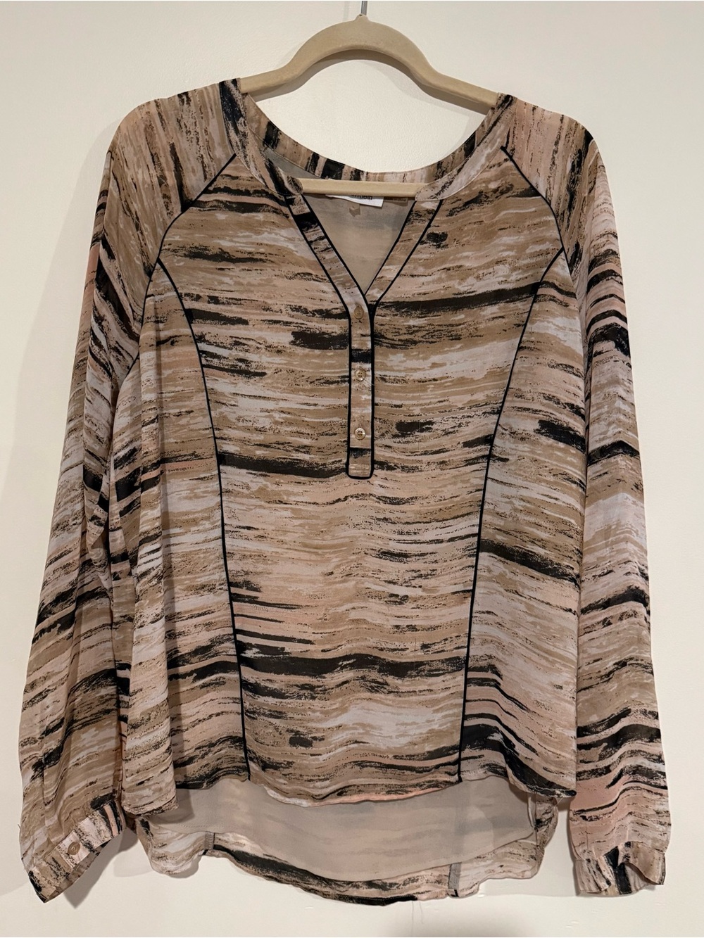 Calvin Klein Striped Henley Blouse in Beige and Black